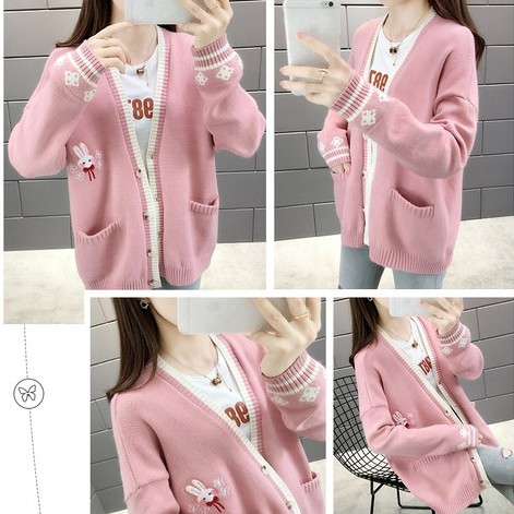 Khoác Cardigan len mịn thêu hình thỏ dễ thương