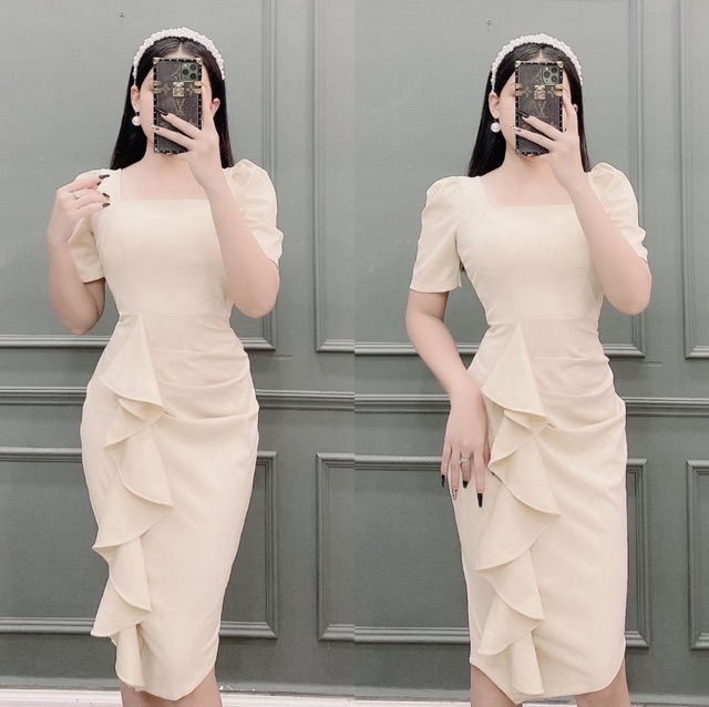 Đầm body cổ vuông tay phồng thiết kế
