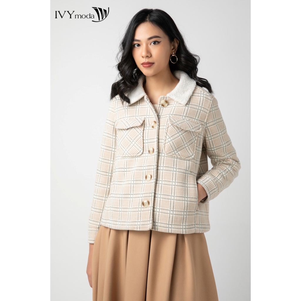 Áo khoác dạ nữ kẻ ngang hông IVY moda MS 70B9063