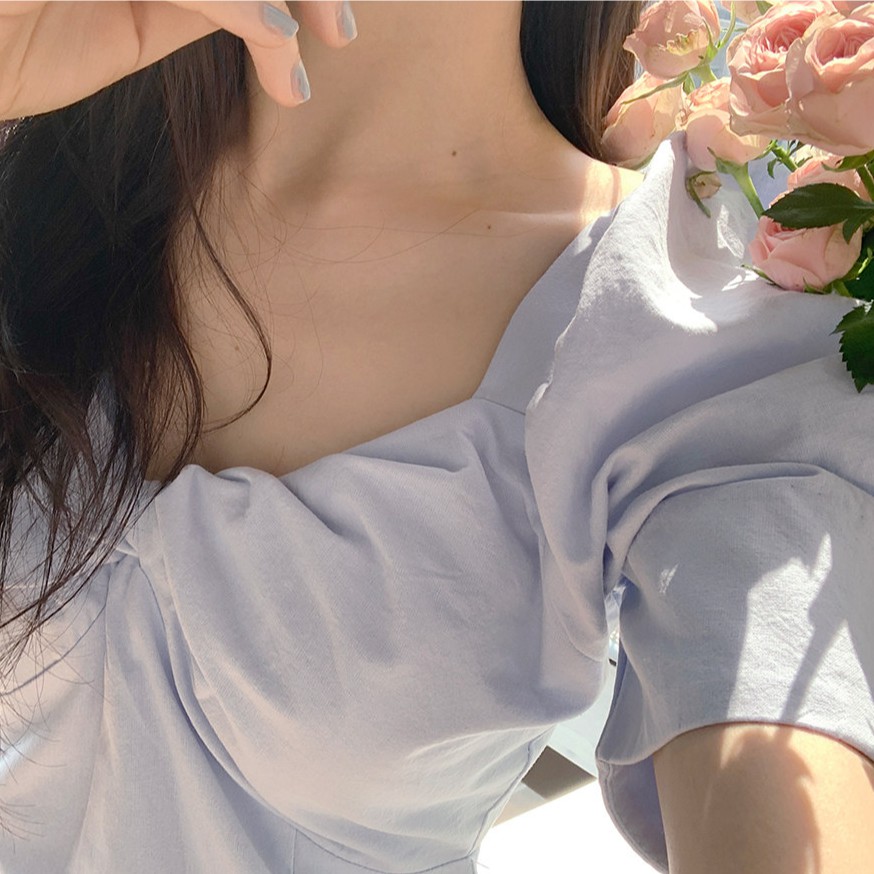 Đầm Midi Tay Ngắn Cổ Rộng Màu Trơn Đơn Giản 34395