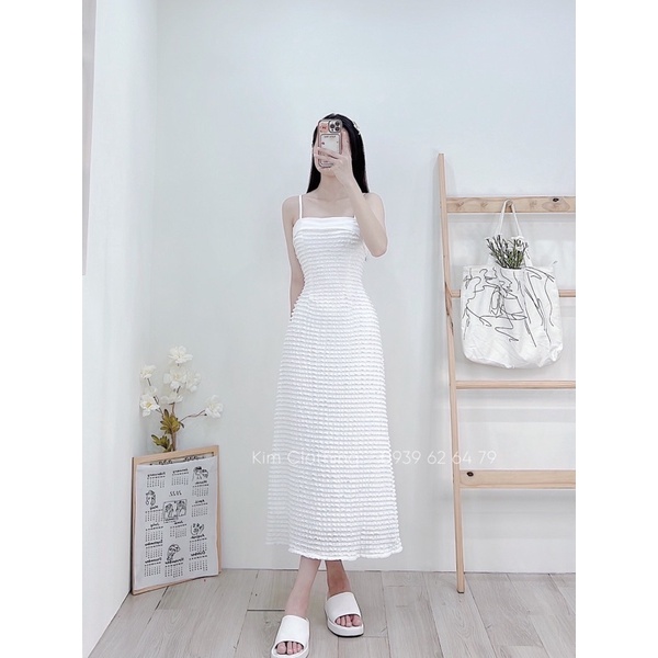 Đầm trắng hai dây xốp ren dáng maxi xoè dài sẵn cúp sang chảnh