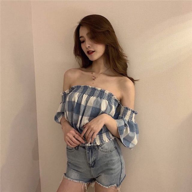 Áo trễ vai kẻ hàng taobao