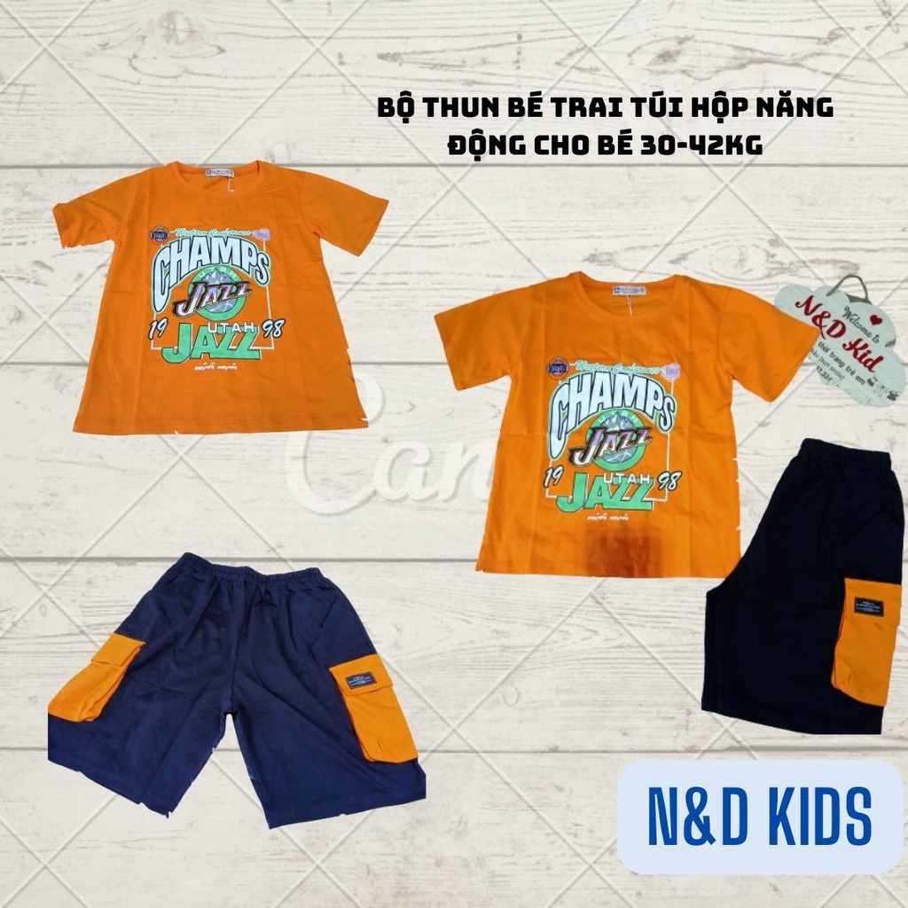 Bộ Thun Bé Trai Túi Hộp - Set Bộ Túi Hộp Champs 30-42kg - Bộ Bé Trai Năng Động Phong Cách Hip Hop - N&D Kid
