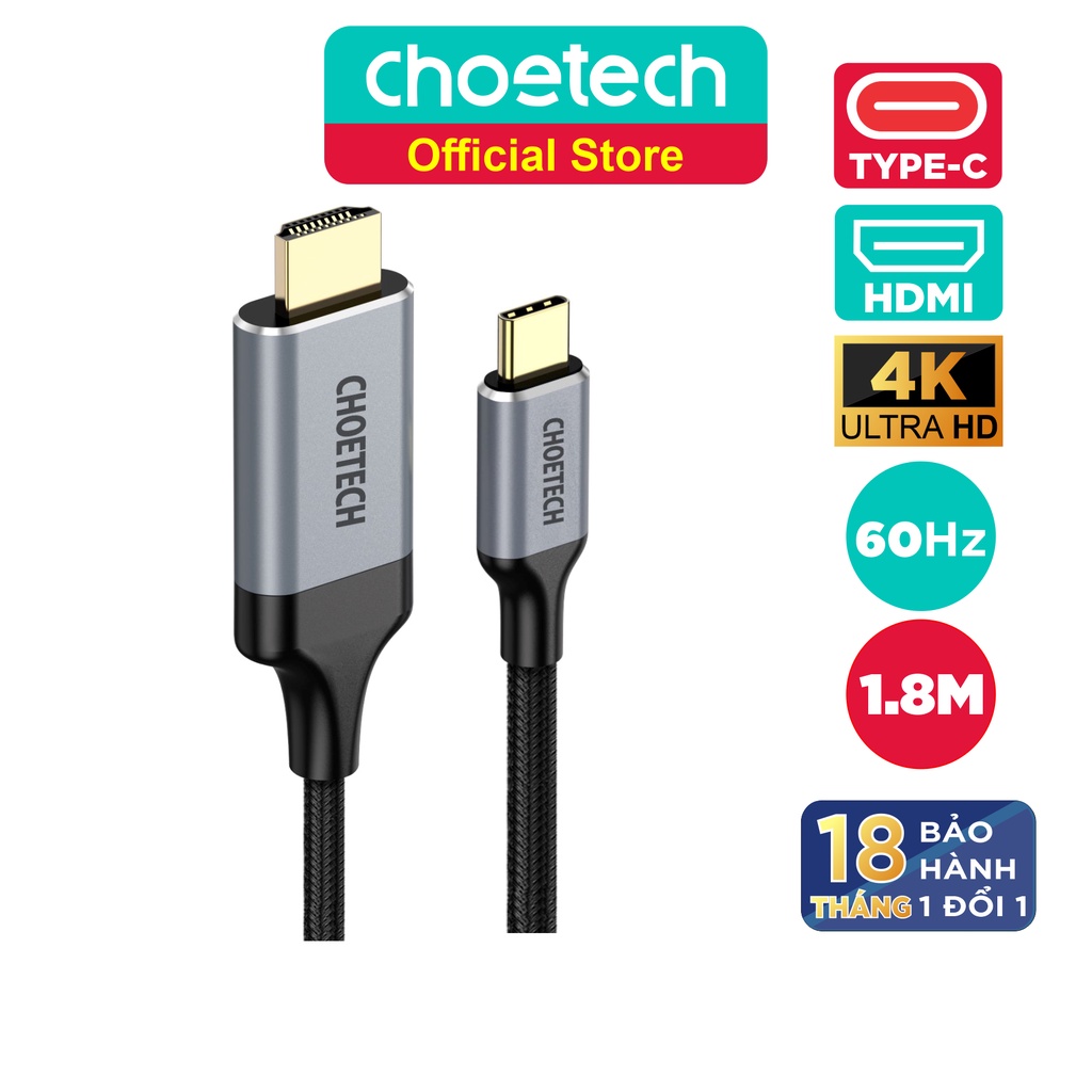 Dây Cáp Type C To HDMI 4K 60Hz Dài 2M, Dây Nylon Dù Thunderbolt 3 CHOETECH CH0021 - Hàng Chính Hãng