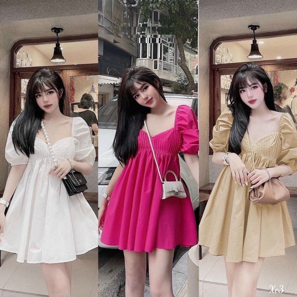 [Đầm sale] Đầm tiểu thu dáng xòe đi dự tiệc cưới siêu cute với thiết kế cổ khoét sâu có mút phối tay phồng, tà váy xòe