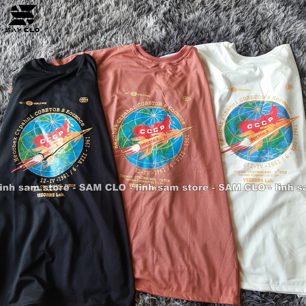 Áo thun nữ tay lỡ freesize phông form rộng Unisex mặc lớp, nhóm, cặp in hình địa cầu tên lửa CCCP