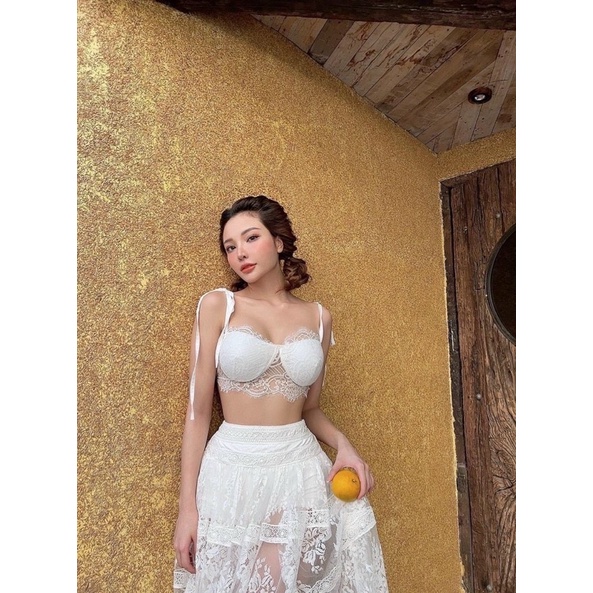 Set ren trắng áo bra 2 dây hở ngực kèm chân váy maxi dài, bộ hotgirl đi chơi du lịch đi biển sang chảnh quyến rũ gợi cảm