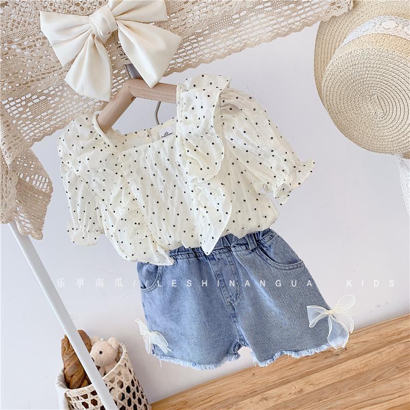 Set Áo Voan Ngắn Tay + Quần Short Denim Thời Trang Nữ Tính