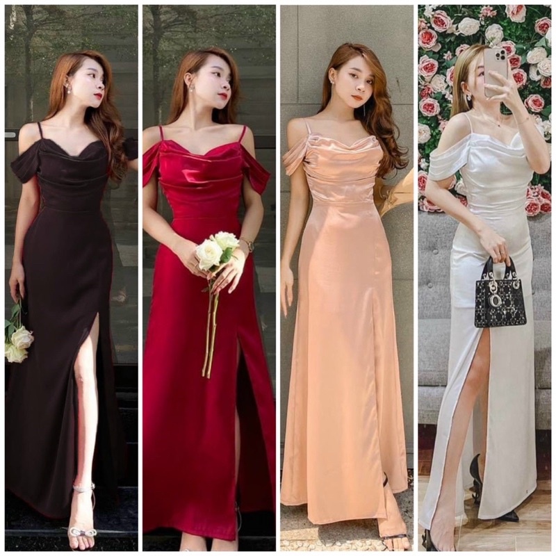ĐẦM MAXI CỔ ĐỔ RỚT VAI XẺ ĐÙI FULL SIZE S/M/L/XL