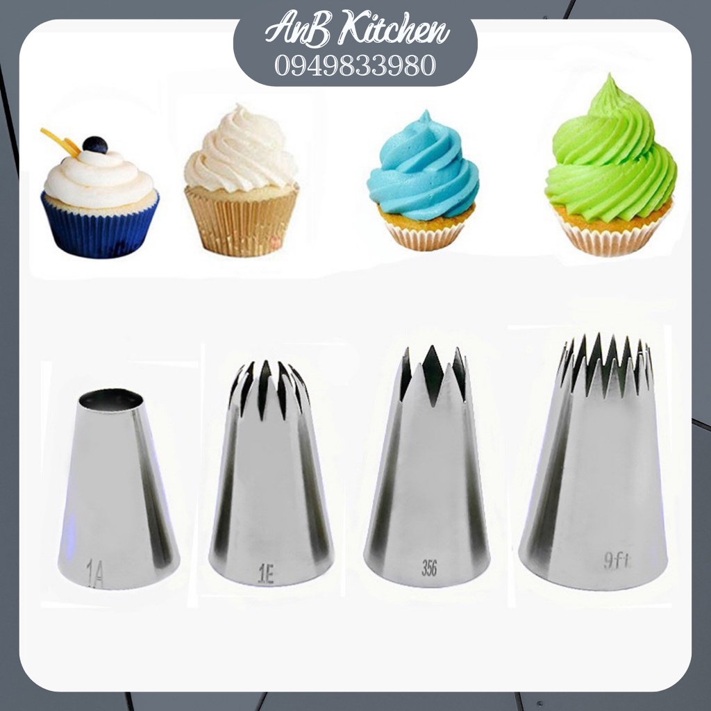Bộ 4 Đui (đuôi) Bắt Kem/ Vòi Phun Kem Làm Bánh Sinh Nhật Bông Lan Cupcake 1A 356 1E 9FT
