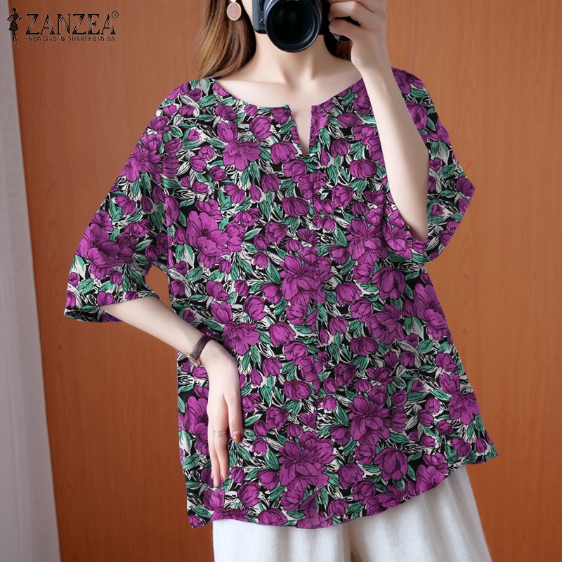 Áo kiểu Zanzea tay ngắn cổ tròn in họa tiết hoa phong cách vintage dành cho nữ