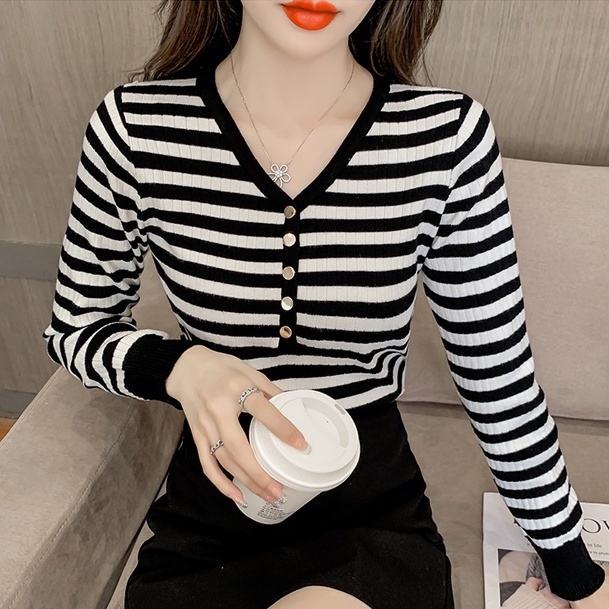 ZHELIHANGFEI Áo Len Tay Dài Cổ Chữ V Dáng Ôm Kẻ Sọc Ngang Trẻ Trung Hợp Thời Trang