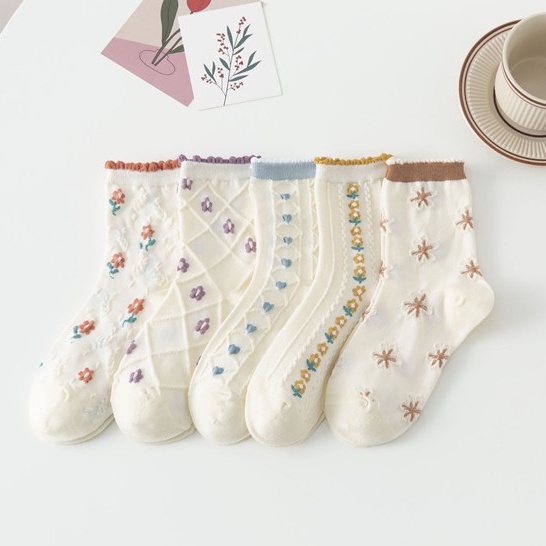 Vớ tất lolita cổ cao xoăn viền cổ hoa nổi