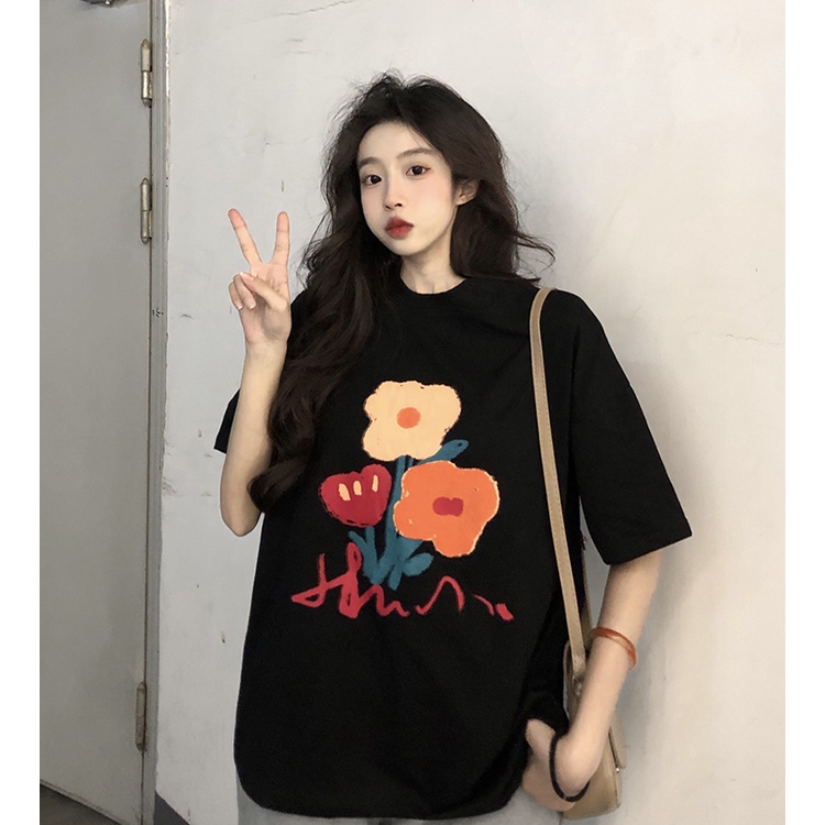 Áo Thun Dáng Rộng In Hoa Kiểu Hàn Quốc Thời Trang Mùa Hè Cho Nữ Cỡ 2XL