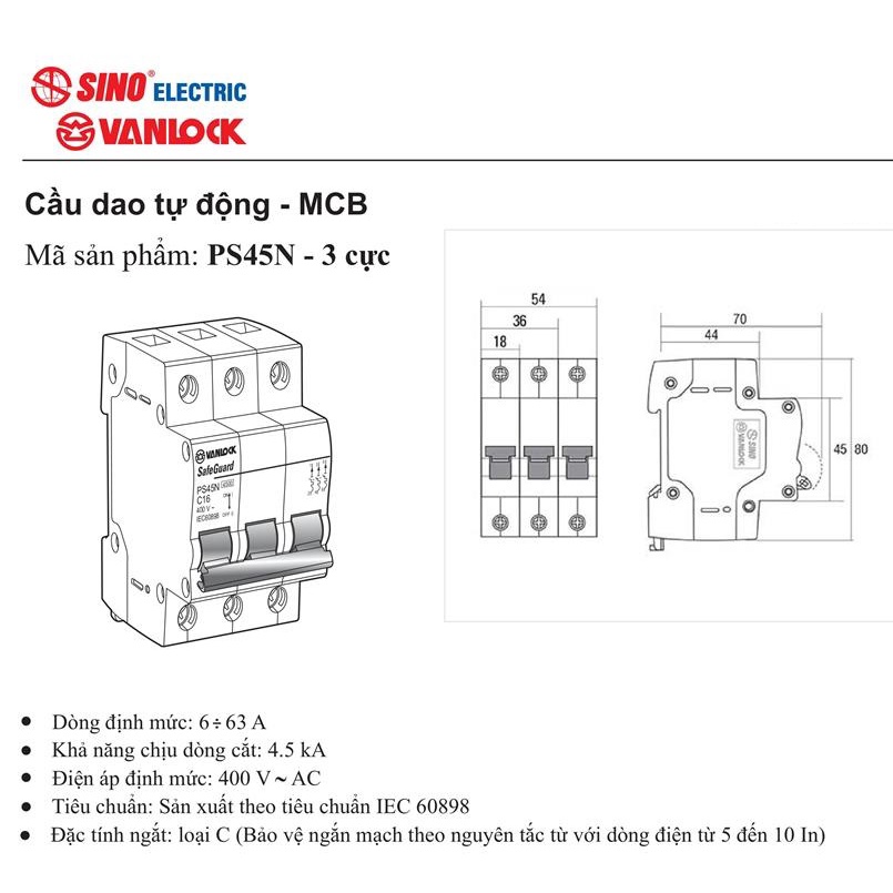 [ CHÍNH HÃNG ] CB, MCB 1 pha, 3 pha Sino, Aptomat 1 pha, 3 pha Sino, Cầu dao điện tự động Sino 10A đến 63A
