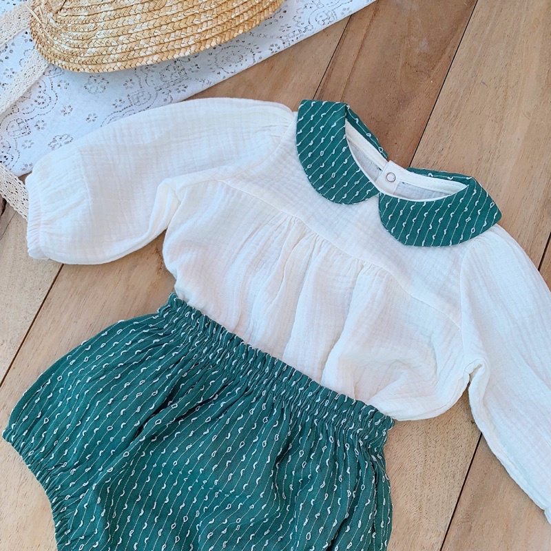 Set áo cổ sen dáng babydoll quần bí  cho bé gái