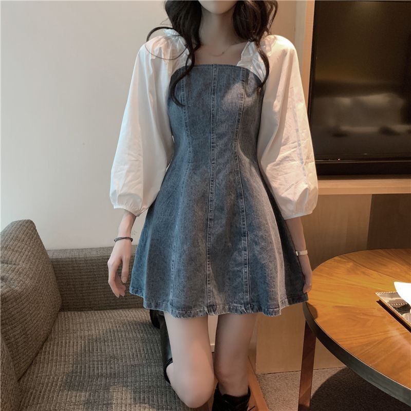 (Order) VÁY JEAN DENIM TAY PHỒNG KIỂU PHÁP HÀNG QUẢNG CHÂU KÈM HÌNH THẬT
