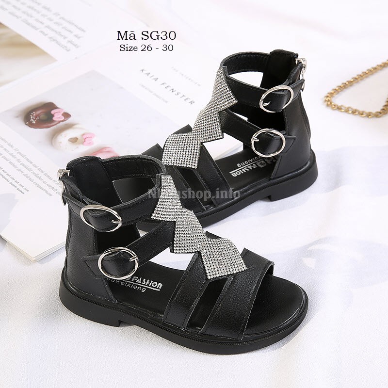 Sandal chiến binh bé gái màu đen da mềm cổ cao phong cách hiện đại - sandal bé gái 3 - 6 tuổi phong cách Hàn SG30