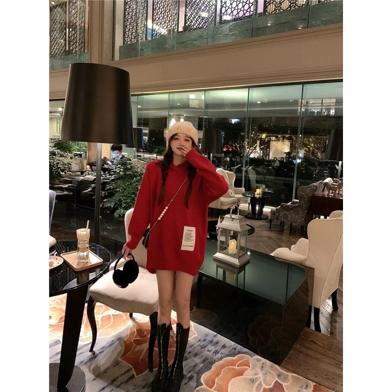 Áo Hoodie Dáng Rộng Dày Dặn Màu Đỏ Giáng Sinh Và Năm Mới Phong Cách Hàn Quốc Cho Nữ
