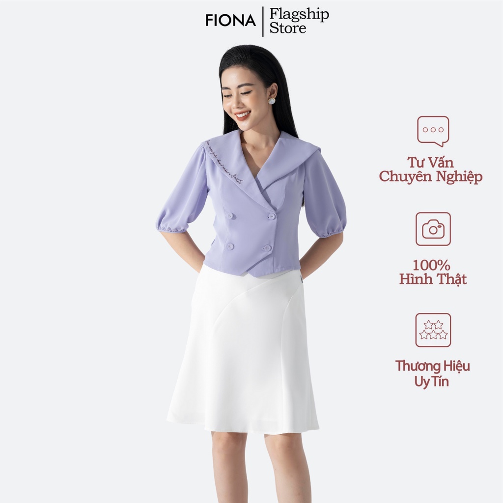 Áo sơ mi nữ Croptop dáng ôm FIONA, áo sơ mi tay bồng, cổ thêu chữ màu tím nhạt F550160
