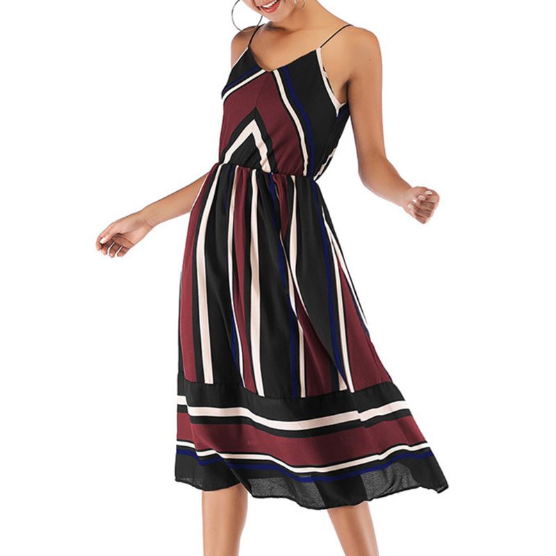 Xiangbao Đầm Midi Dài Không Tay Kẻ Sọc Màu Tương Phản Cổ Điển Mùa Hè Cho Nữ