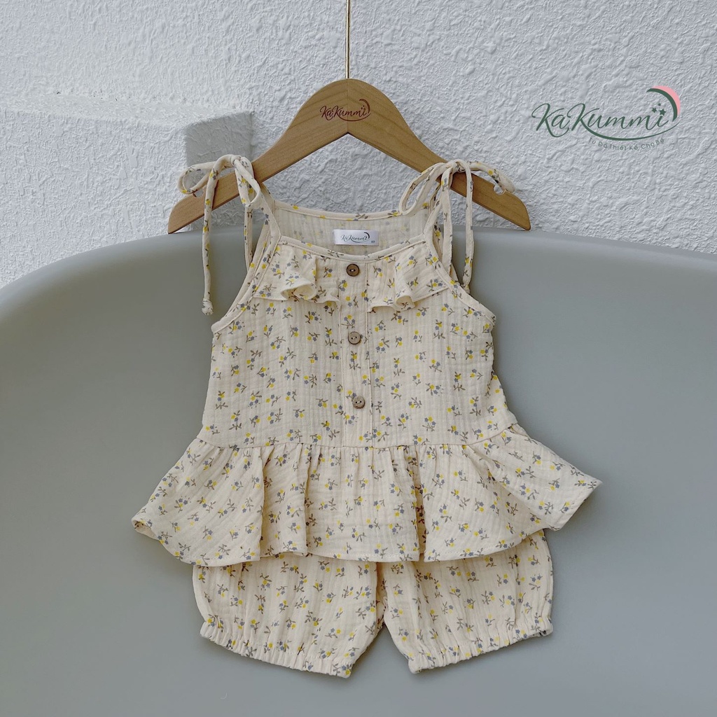 Set áo 2 dây bèo thân trước KM22-ST203 chất xô muslin cho bé gái