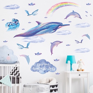 Sticker dán tường họa tiết hoạt hình cầu vồng / cá heo / đám mây / cầu vồng trang trí phòng tắm cho bé