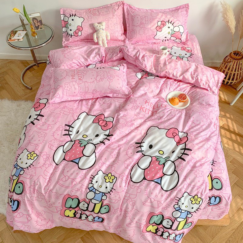 Bộ chăn ga gối Cotton poly M2T bedding, vỏ chăn mền, drap ga giường và 2 vỏ gối nằm - PL Mèo kitty