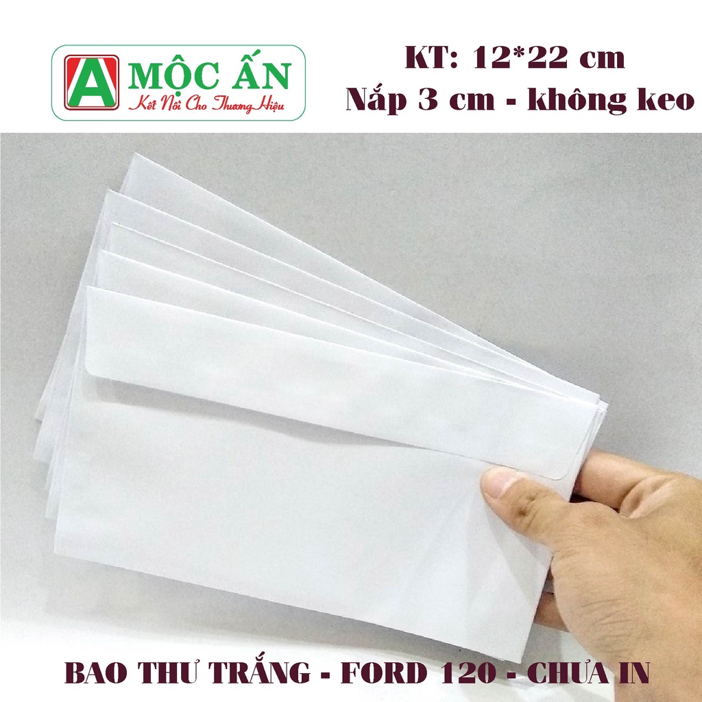 100 Bao Thư Trắng 12x22 cm - Ford 120g Giấy Dày, Không Keo nắp