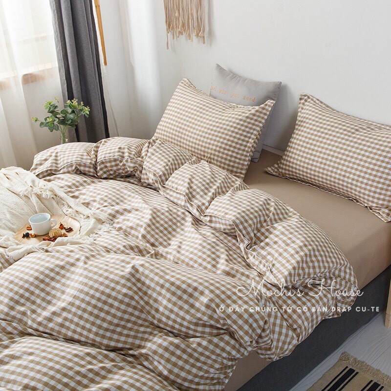 BỘ CHĂN GA GỐI POLY COTTON CARO NÂU CỰC XINH MẪU MỚI