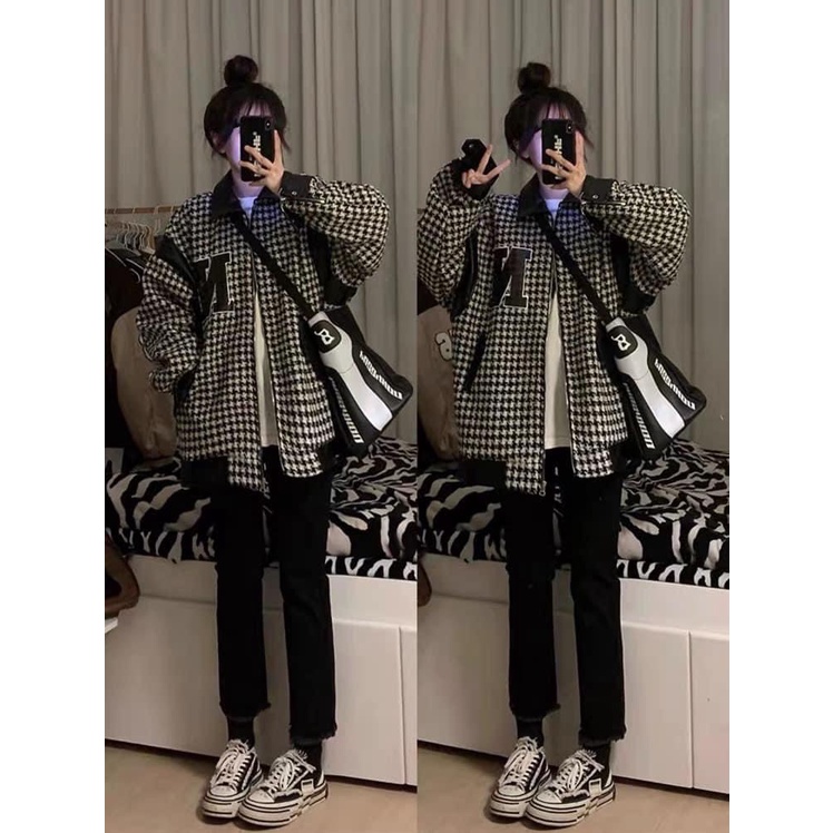 Áo Khoác Nữ, Áo Khoác Chữ N Dạ Tweet Họa Tiết Răng Sói