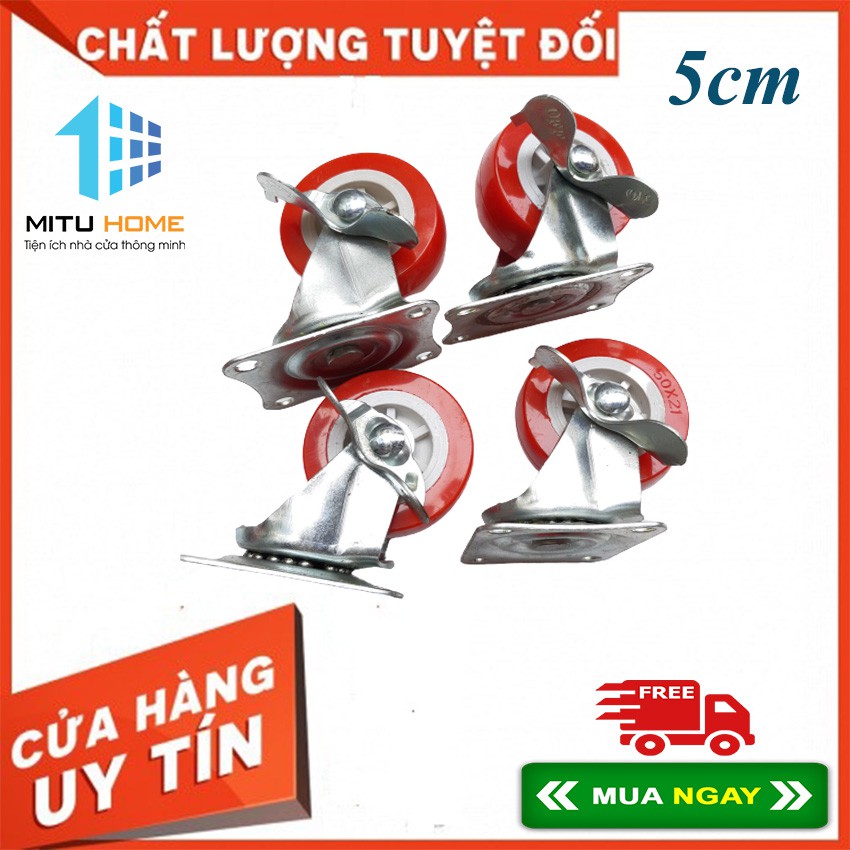 Bộ 4 bánh xe đẩy hàng xoay 360 độ, có khóa chống trượt loại 5cm nhóm màu viền đỏ - MITUHOME