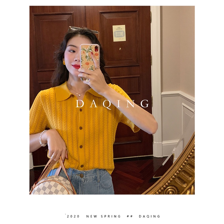 Áo dệt kim SUXI tay ngắn cổ polo dáng rộng phong cách cổ điển mùa hè dành cho nữ