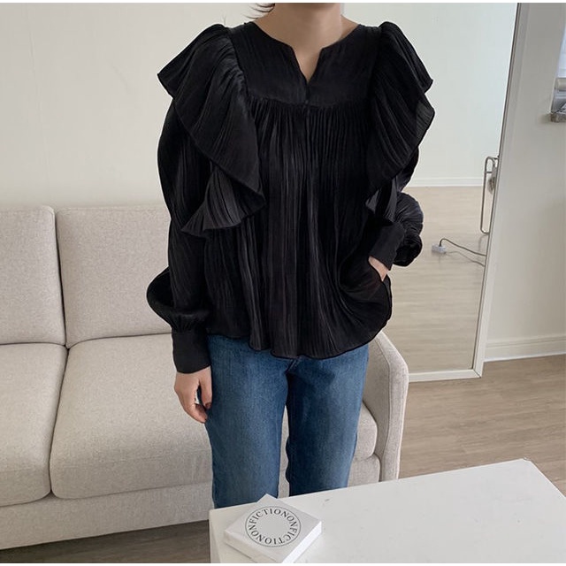 COZOK Áo Kiểu Phối Bèo Nhún Thời Trang Hàn Quốc Nữ Tính