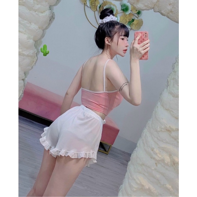 Set bộ áo 2 dây croptop phối quần đùi bèo chất thun gân - S0P