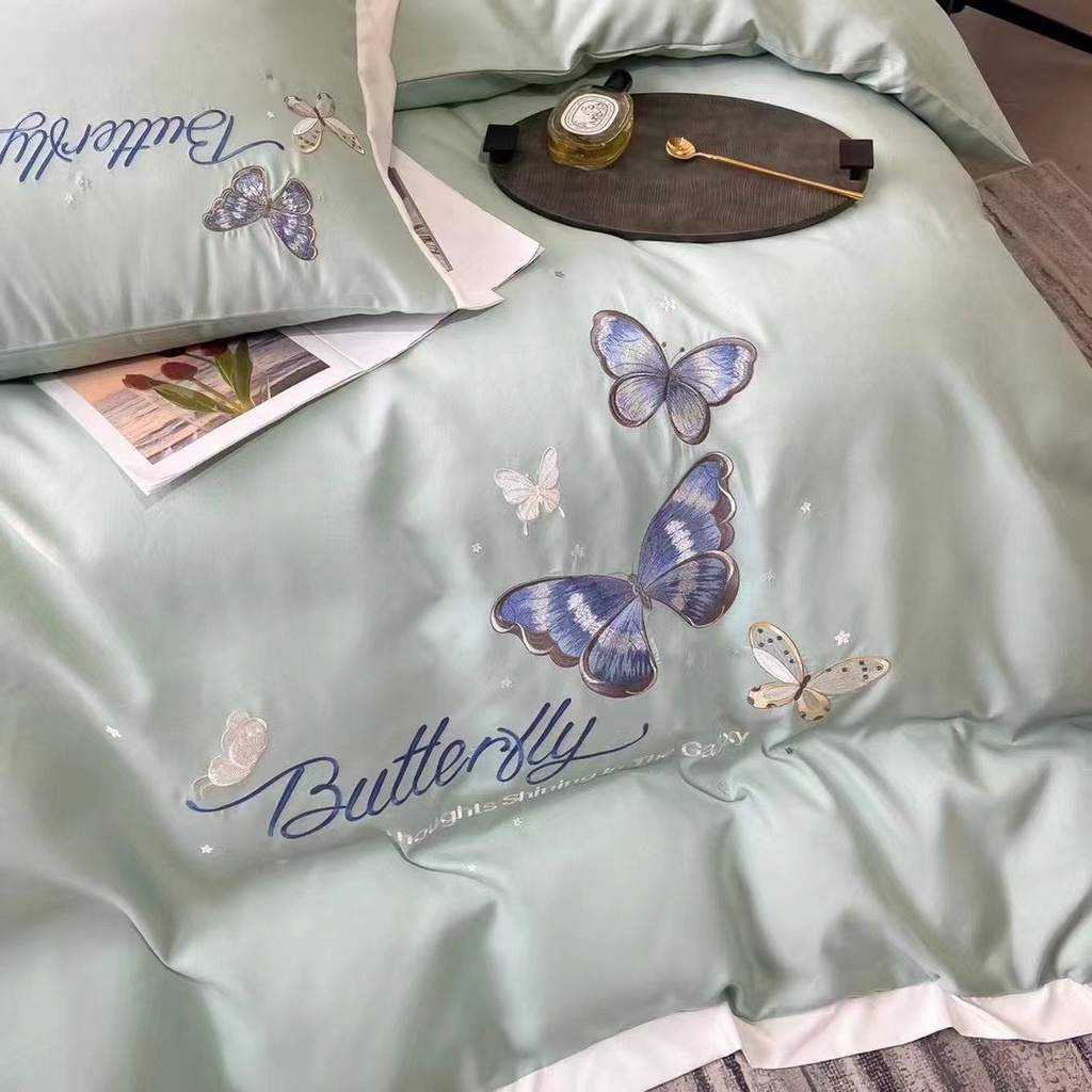 Chăn ga gối Cotton Line thêu họa tiết bướm sang trọng quý phái, chất cotton 100% nhập khẩu cao cấp mềm mịn thoáng khí