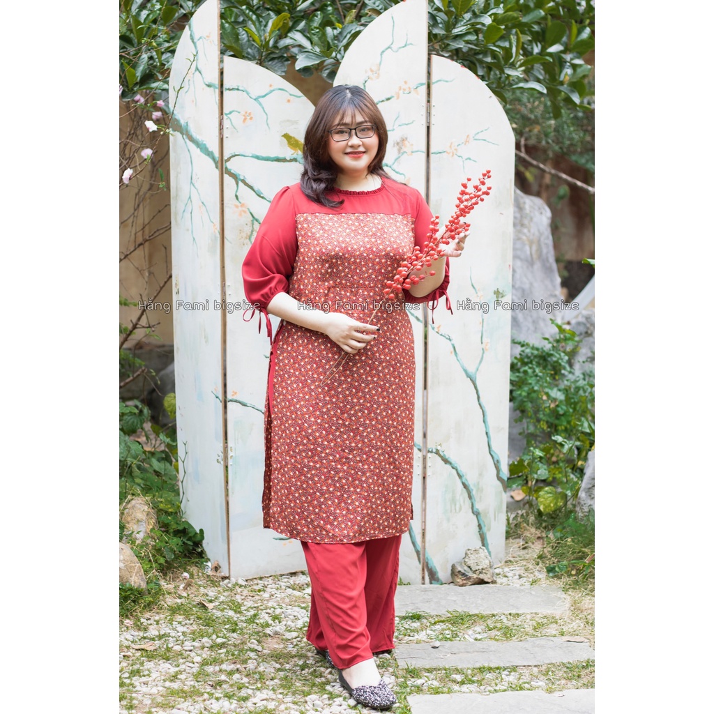 Áo dài hoa phối, tay bo chun nơ kèm quần bigsize (AD06) ( size 60kg - 95kg ) [Hằng Fami bigsize]