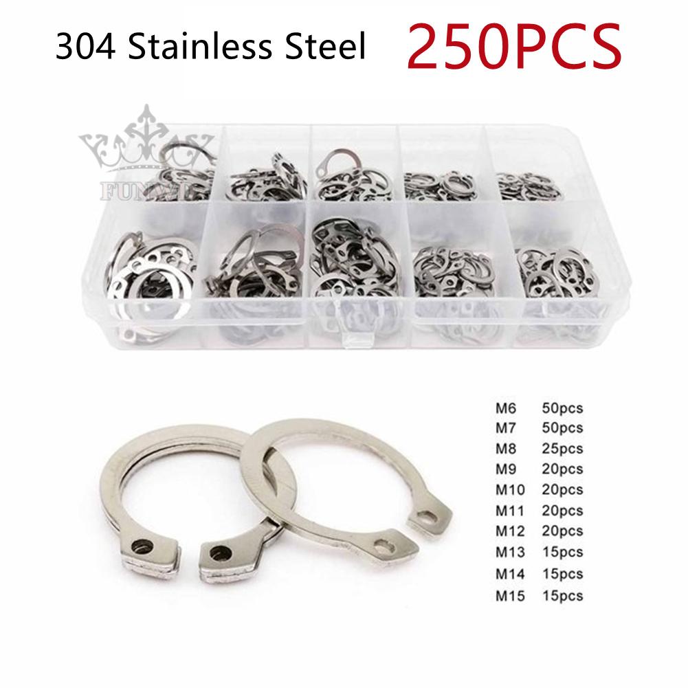 250pc/Set M6-M15 Stainless Steel Shaft Bearing Snap Ring C-Type External Circlip