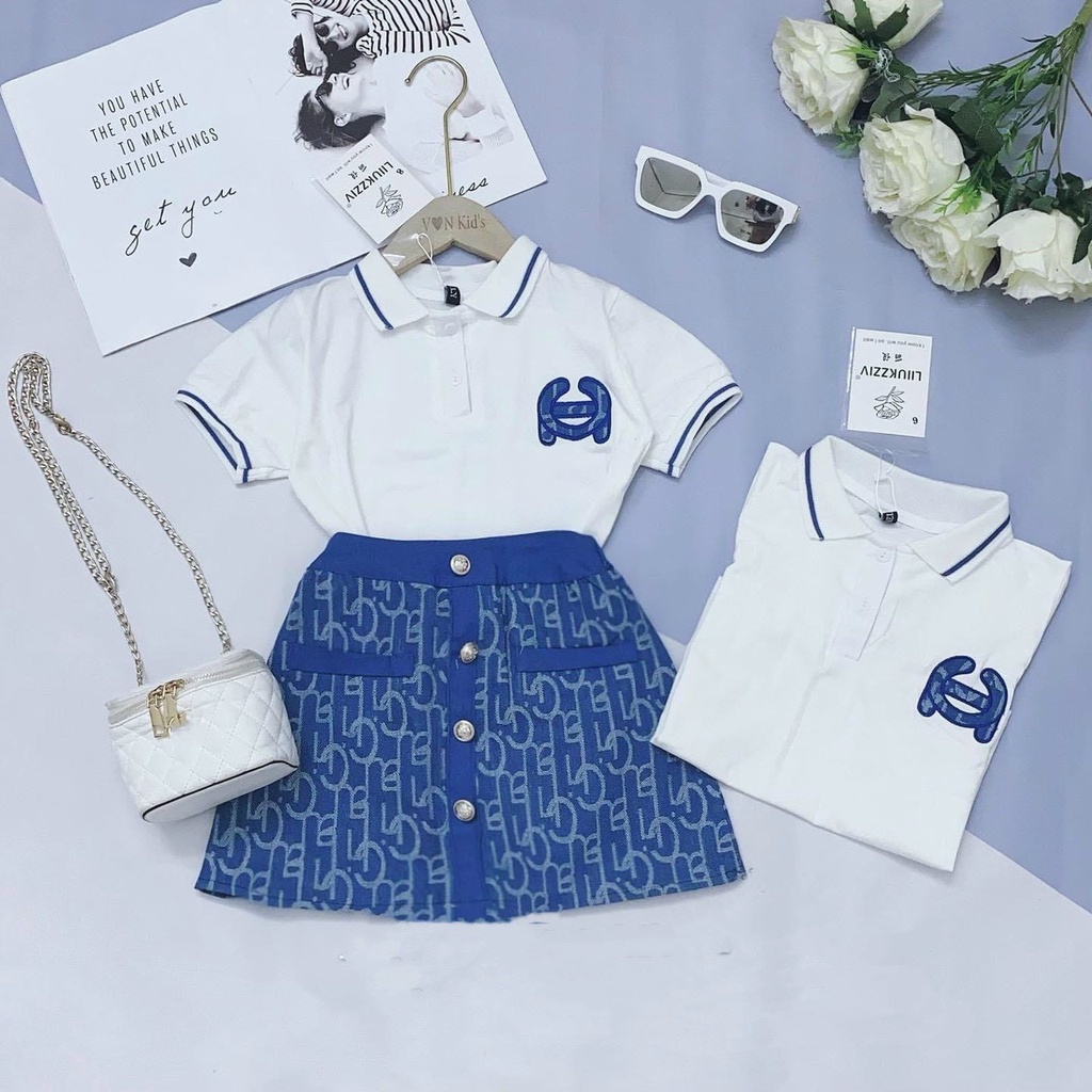 Set Bộ Cho Bé Gái Áo Polo trơn ngắn tay mix Chân Váy chữ A  chữ phối cúc (có quần trong) size nhí từ 7-18 kg, SUN KID'S