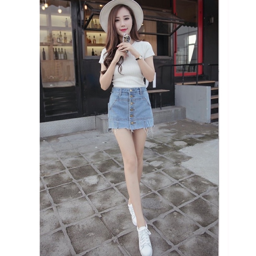 Xả Kho : Chân váy bò Jeans thiết kế lưng cao Denim giả váy trong có quần size to cá tính đóng cúc