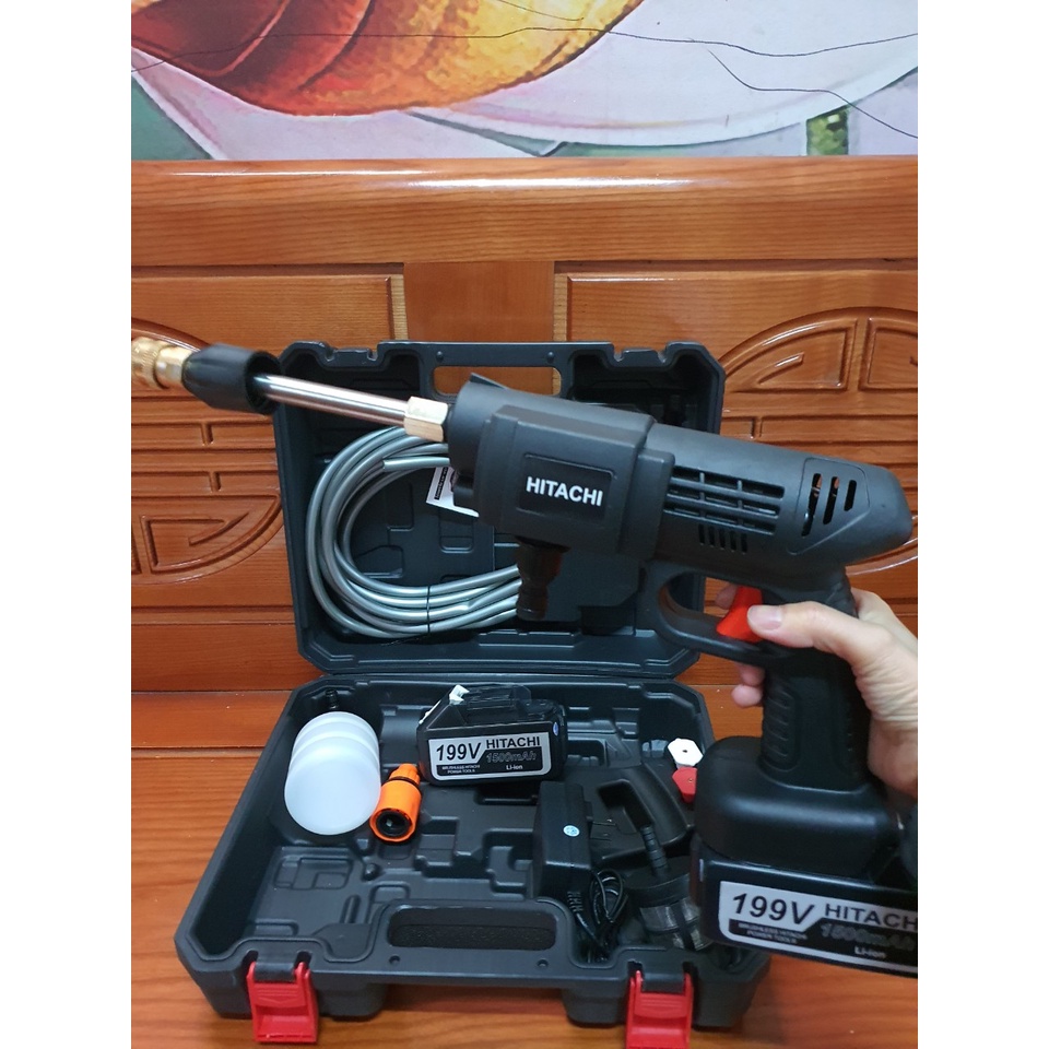 Máy xịt rửa xe, tưới cây bằng pin 199v 2 chế độ HITACHI, tặng kèm bình tạo bọt, máy khỏe,