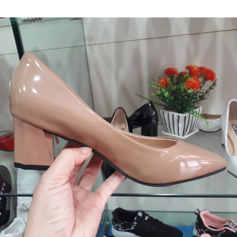 Giày Cao Gót Vuông Công Sở Da Bóng Gót Vuông Cao 5 Phân
