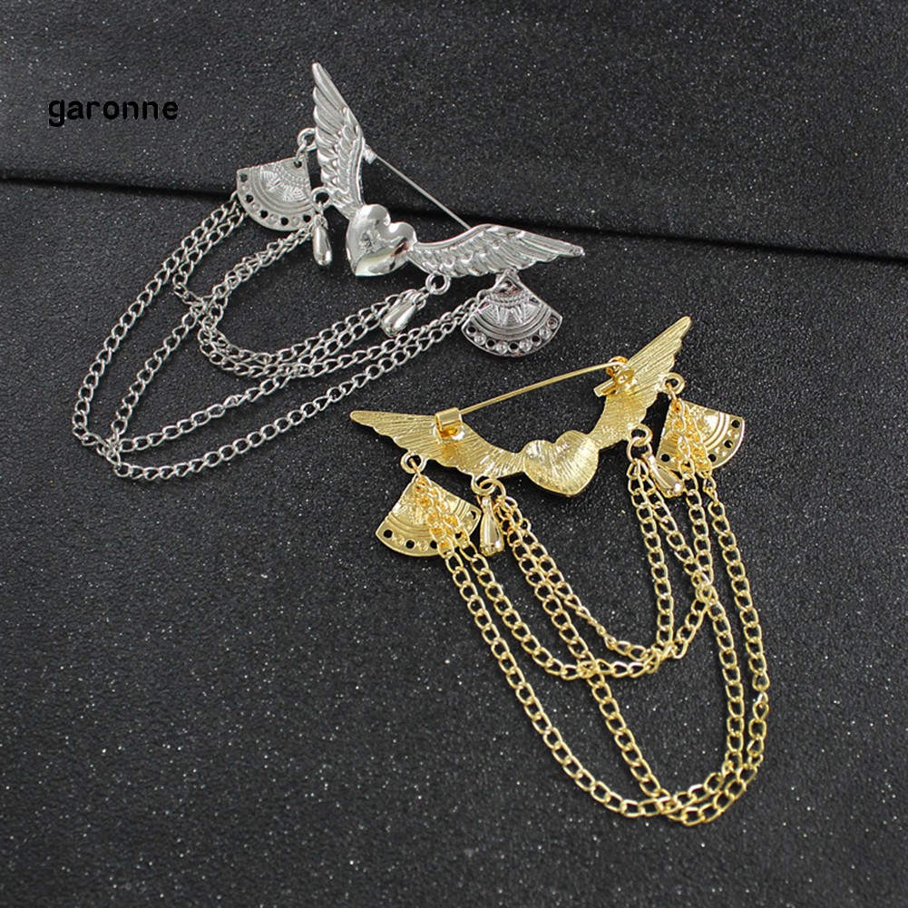 GA_Retro Angel Wing Heart Shirt Suit Collar Tip Lapel Brooch Pin with Chain Tassel
