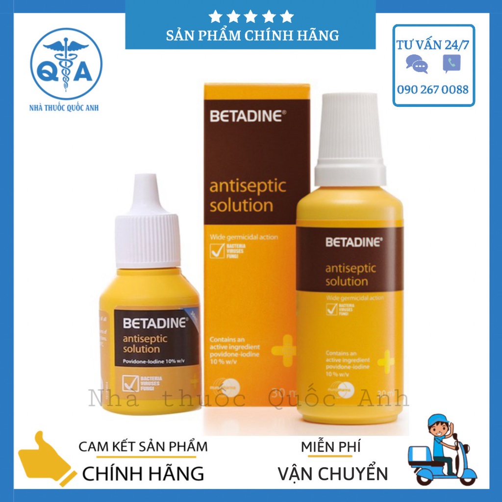 Nước Sát Khuẩn Vệ Sinh Vết Thương Hở Ngoài Da Betadine Antiseptic vàng 10% Thụy Sỹ 30ml/125ml