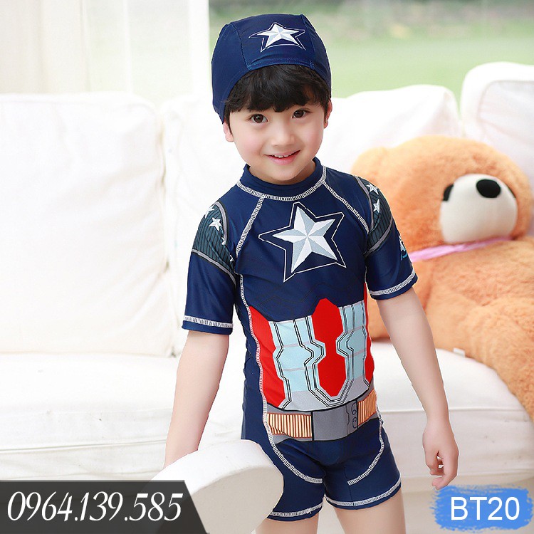 Đồ bơi liền bé trai, hình Đội trưởng Mỹ Captain America, chất thun bơi đẹp dày dặn, có size lớn | BT20