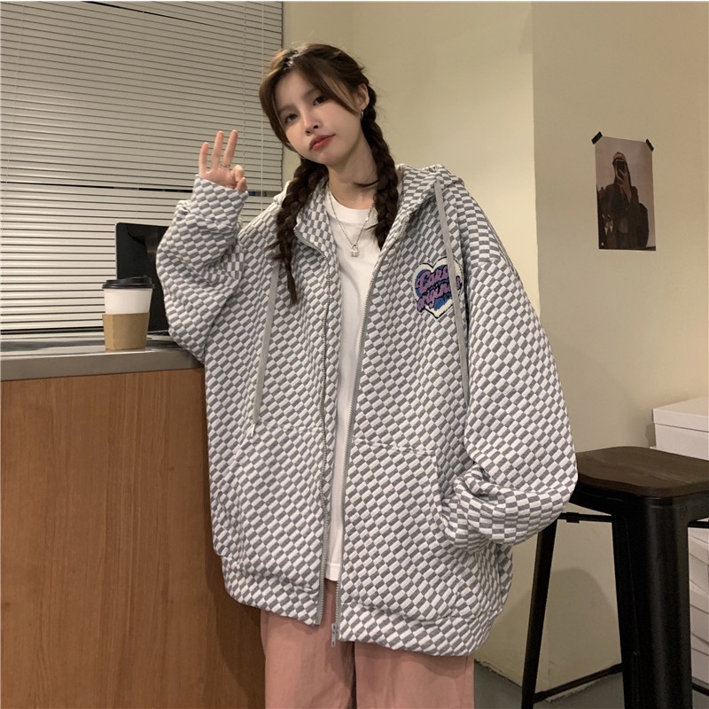 Áo khoác Hoodie họa tiết CARO khóa kéo form rộng chất len siêu dầy_VIETCEN