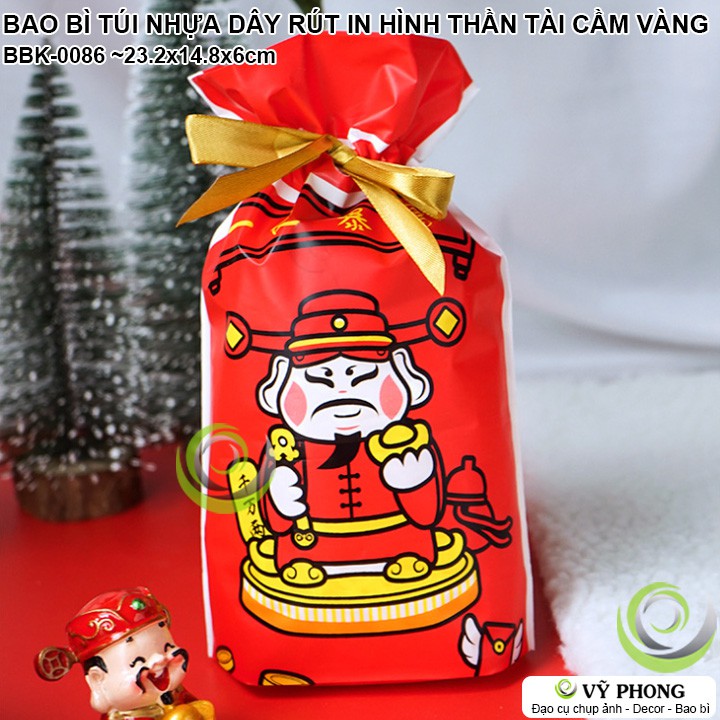 SET 10 TÚI NHỰA DÂY RÚT ĐỰNG BÁNH KẸO TẾT HÌNH THẦN TÀI CẦM VÀNG BAO BÌ QUÀ TẶNG XUÂN NĂM MỚI BBK-0086