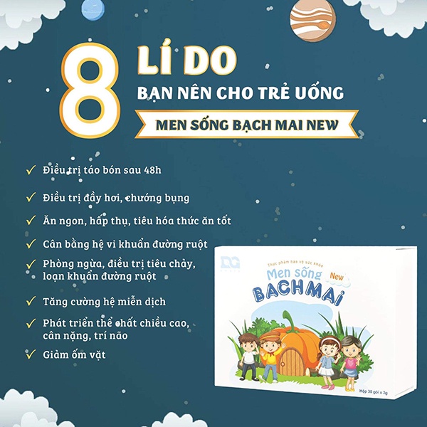 Men sống Bạch Mai NEW (men vi sinh cho bé táo bón, tiêu chảy) bổ sung bào tử lợi khuẩn, Hộp 30 gói (dạng bột)