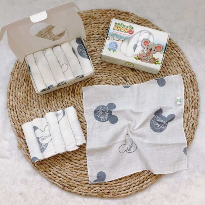 0Khăn sữa nhăn cao cấp Mipbi hộp 6 cái KT 30x30cm. Khăn sữa cho bé 100% sợi bông thiên nhiên theo tiêu chuẩn Châu Âu
