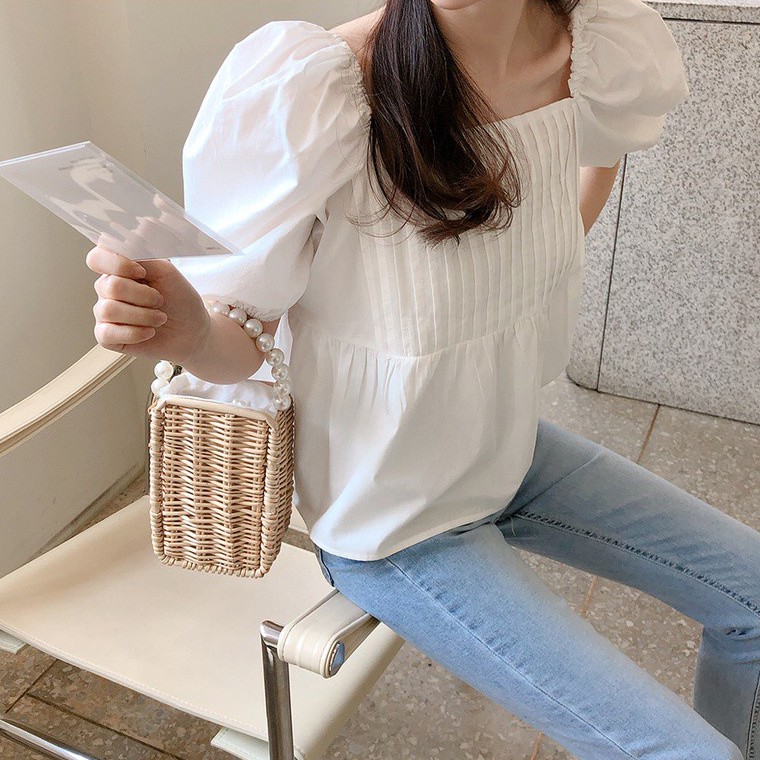 Áo kiểu cổ vuông tay phồng ngắn dáng rộng phong cách Hàn Quốc thời trang dành cho nữ 43969